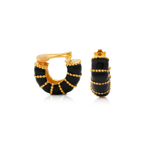 kenneth jay lane Gold & Black Enamel Hoop Clip Earrings