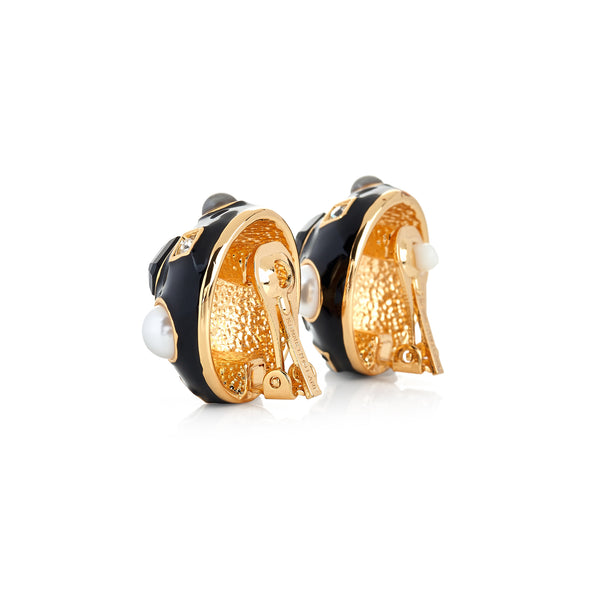 Kenneth Jay Lane Gold & Black Enamel Round Domed Earring