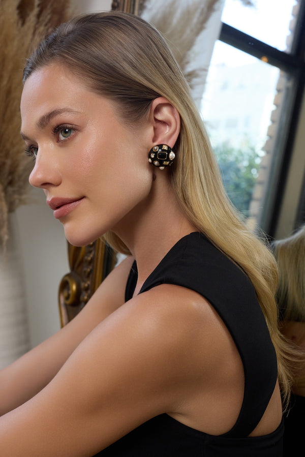 Kenneth Jay Lane Gold & Black Enamel Round Domed Earring
