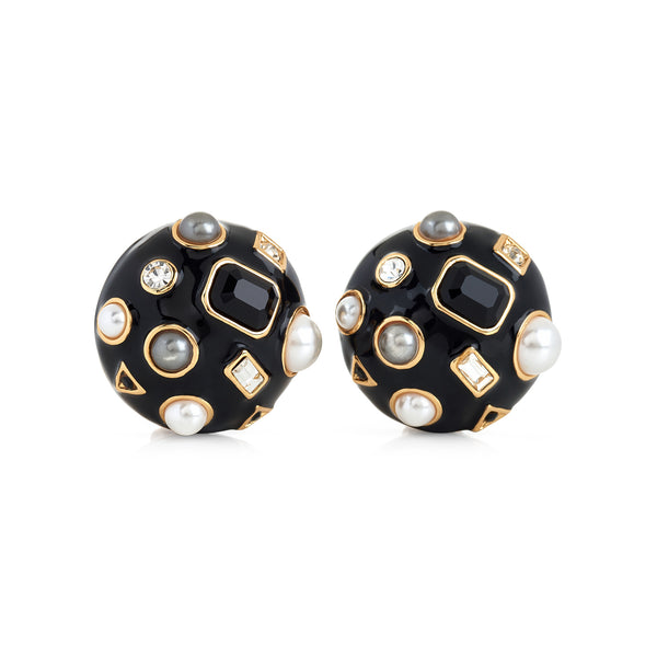kenneth jay lane Gold & Black Enamel Round Domed Earring