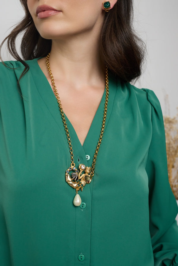 Kenneth Jay Lane Gold Chain And Multi Color Pearl Drop Mermaid Pendant Necklace