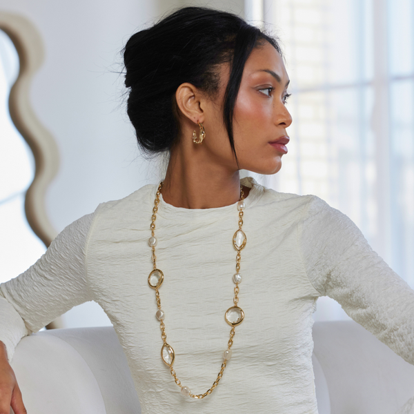 Kenneth Jay Lane Gold Chain Baroque Pearl & Crystal Necklace