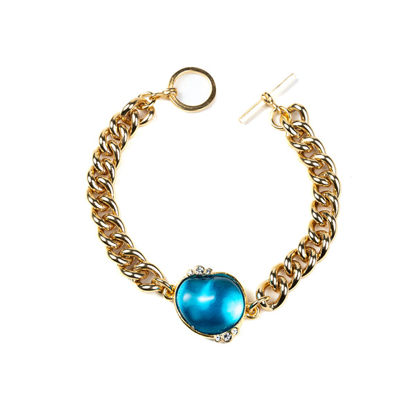 Kenneth Jay Lane Gold Chain Bracelet With Aqua And Crystal Toggle