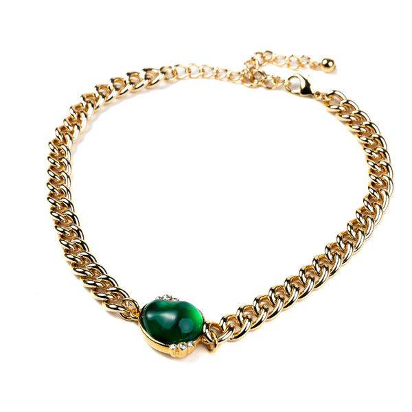 Kenneth Jay Lane Gold Chain Extender Choker With Emerald Nugget And Crystals