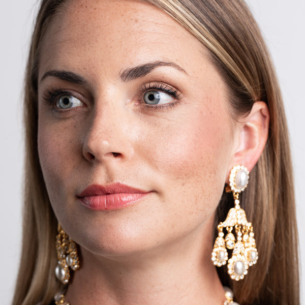 Kenneth Jay Lane Gold Chandelier And White Pearl Clip Earrings