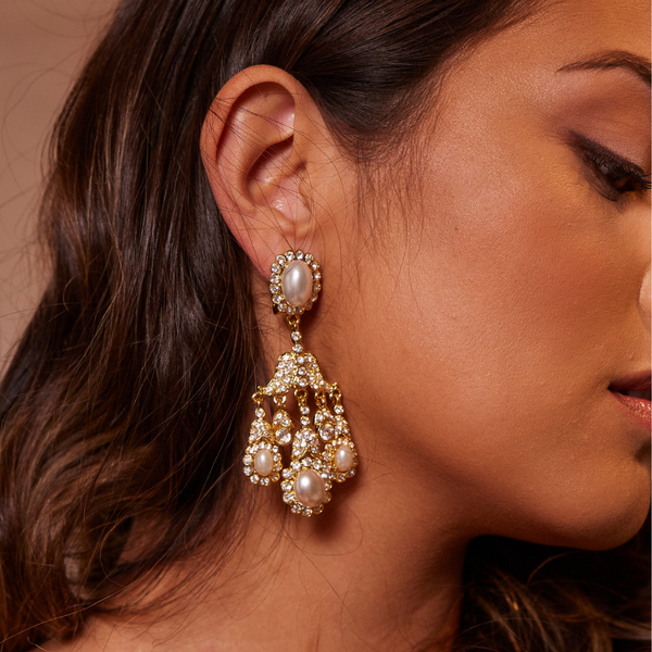 Kenneth Jay Lane Gold Chandelier And White Pearl Clip Earrings