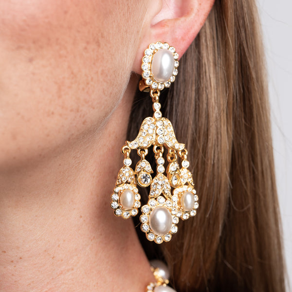 kenneth jay lane Gold Chandelier and White Pearl Clip Earrings