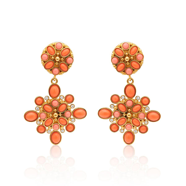 kenneth jay lane Gold & Coral Cabochon Drop Clip Earrings