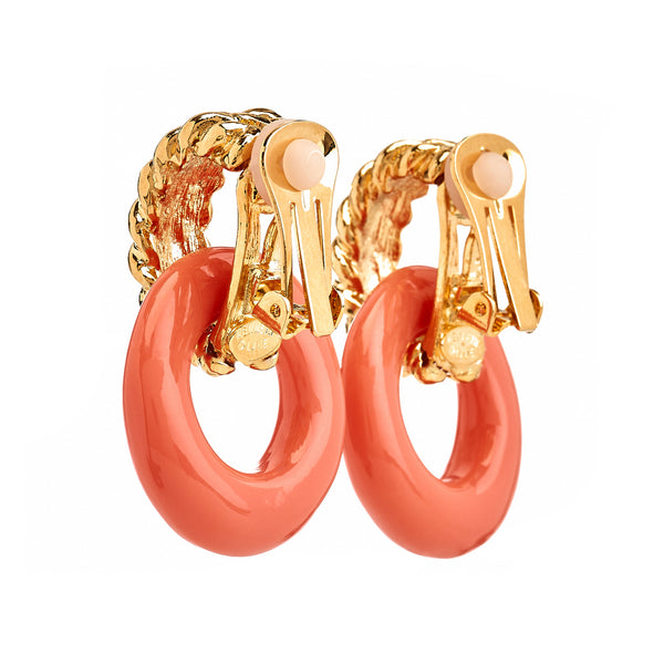 Kenneth Jay Lane Gold & Coral Doorknocker Clip Earrings