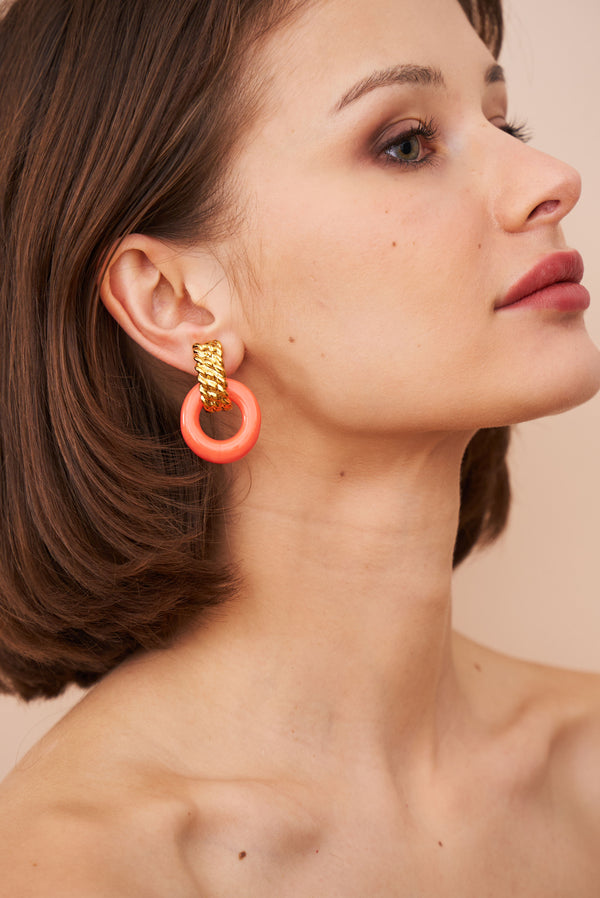 Kenneth Jay Lane Gold & Coral Doorknocker Clip Earrings