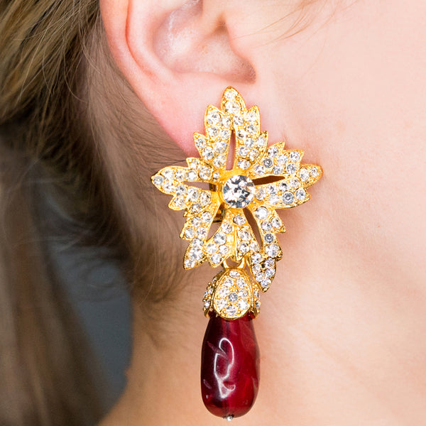 Kenneth Jay Lane Gold Crystal Flower Top Ruby Teardrop Clip Earrings