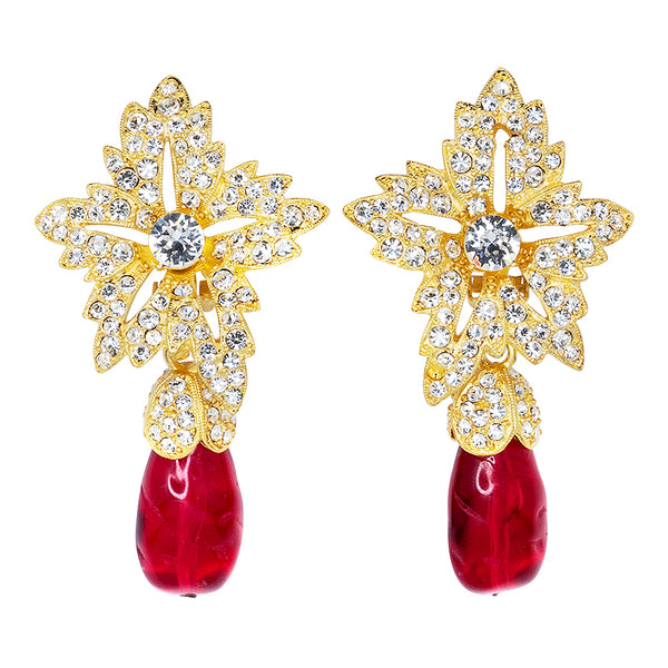 kenneth jay lane Gold Crystal Flower Top Ruby Teardrop Clip Earrings