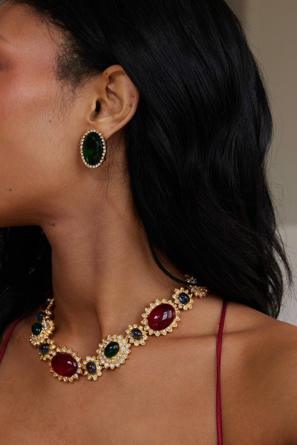 Kenneth Jay Lane Gold & Crystal Oval Faceted Emerald Clip Earring