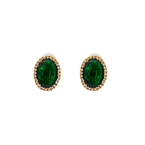 kenneth jay lane Gold & Crystal Oval Faceted Emerald Clip Earring