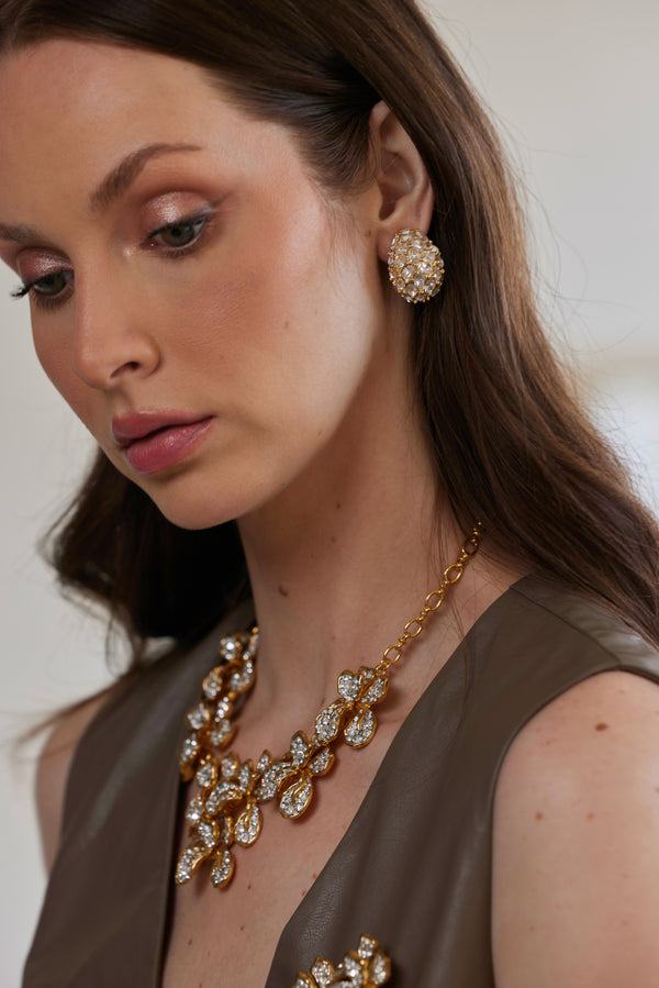 Kenneth Jay Lane Gold & Crystal Oval Stone Domed Clip Earring