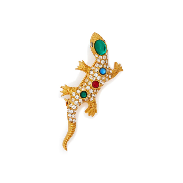 kenneth jay lane Gold Crystal Pave & Dark Gem Lizard Pin
