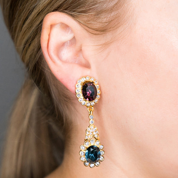 Kenneth Jay Lane Gold Crystal & Sapphire Drop Clip Earrings
