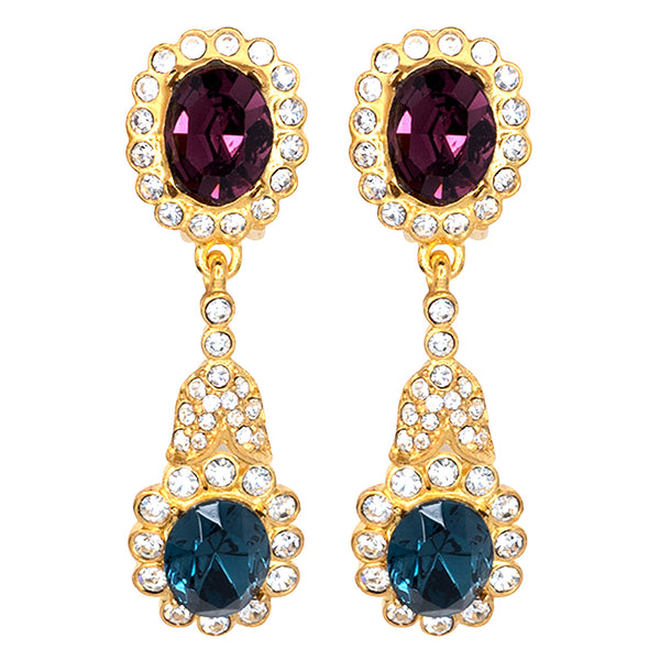kenneth jay lane Gold Crystal & Sapphire Drop Clip Earrings