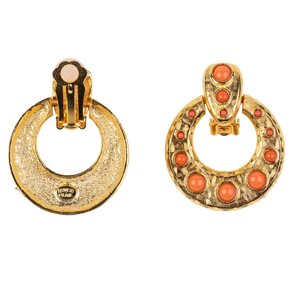 Kenneth Jay Lane Gold Doorknocker Earring With Coral Cabochons