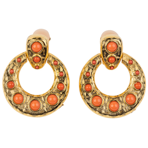 kenneth jay lane Gold Doorknocker Earring with Coral Cabochons