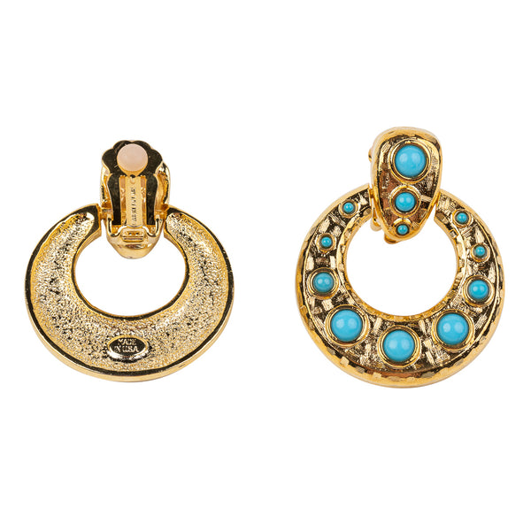 Kenneth Jay Lane Gold Doorknocker Earring With Turquoise Cabochons