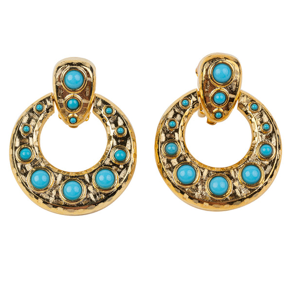 kenneth jay lane Gold Doorknocker Earring with Turquoise Cabochons