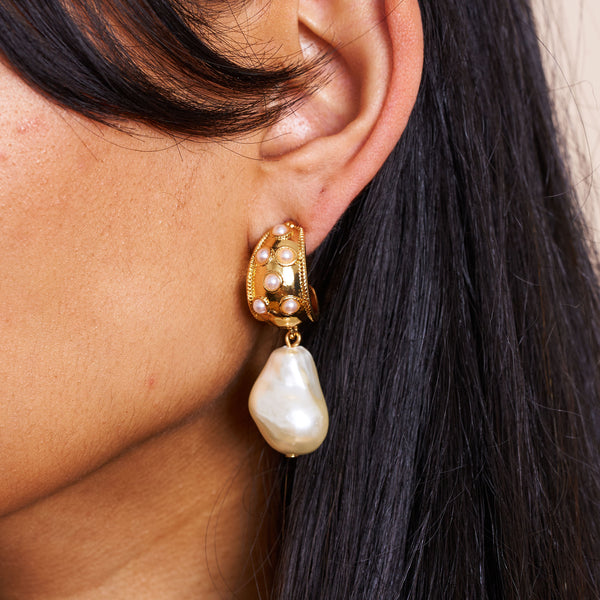 Kenneth Jay Lane Gold Half Hoop Pearl Drop Pierced Earrings