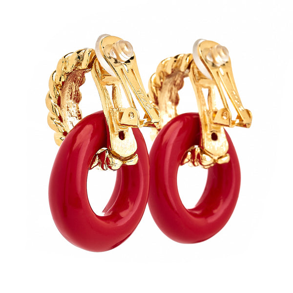 Kenneth Jay Lane Gold & Red Doorknocker Clip Earrings