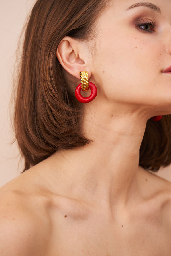 Kenneth Jay Lane Gold & Red Doorknocker Clip Earrings