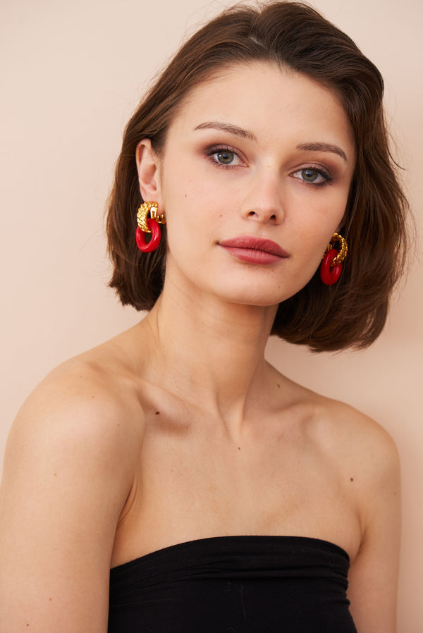 Kenneth Jay Lane Gold & Red Doorknocker Clip Earrings