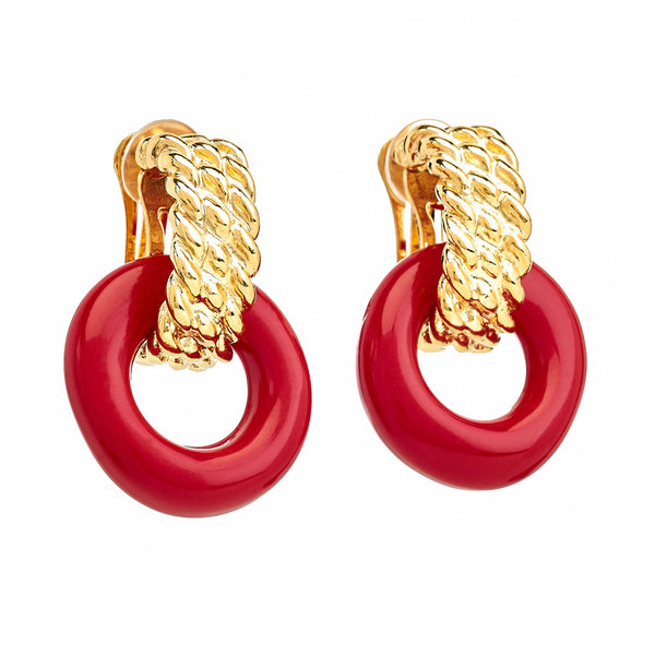 kenneth jay lane Gold & Red Doorknocker Clip Earrings