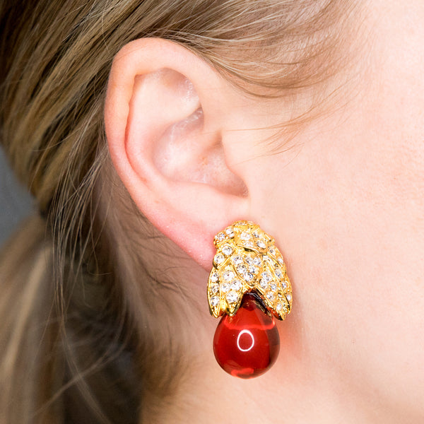 Kenneth Jay Lane Gold Rhinestone And Ruby Clip Earrings