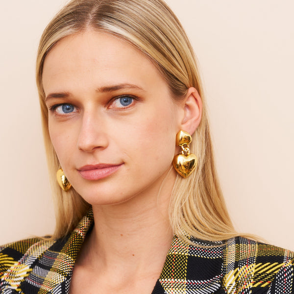 Kenneth Jay Lane Gold & Rhinestone Heart Drop Clip Earrings