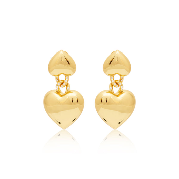 kenneth jay lane Gold & Rhinestone Heart Drop Clip Earrings