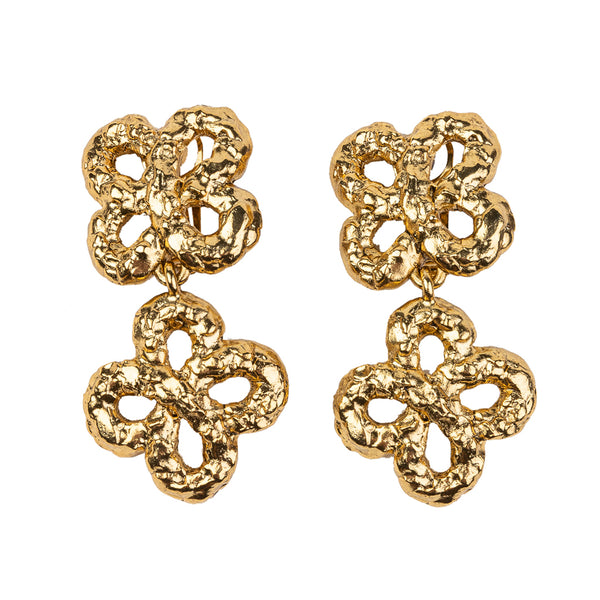 Kenneth Jay Lane Gold Rippled Clover Cross Clip Earrings