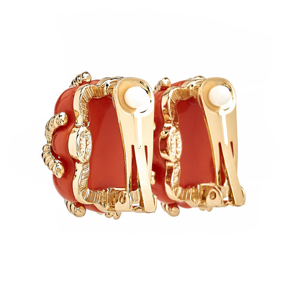 Kenneth Jay Lane Gold Trim Coral Quilted Clip Earrings