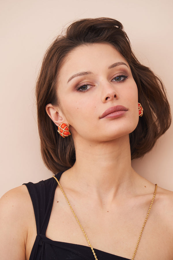 Kenneth Jay Lane Gold Trim Coral Quilted Clip Earrings