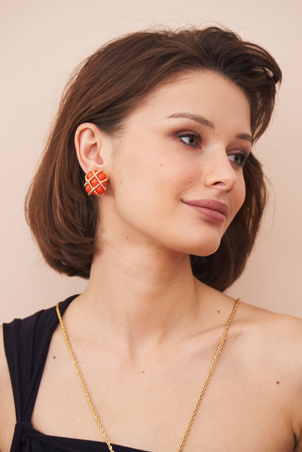 Kenneth Jay Lane Gold Trim Coral Quilted Clip Earrings