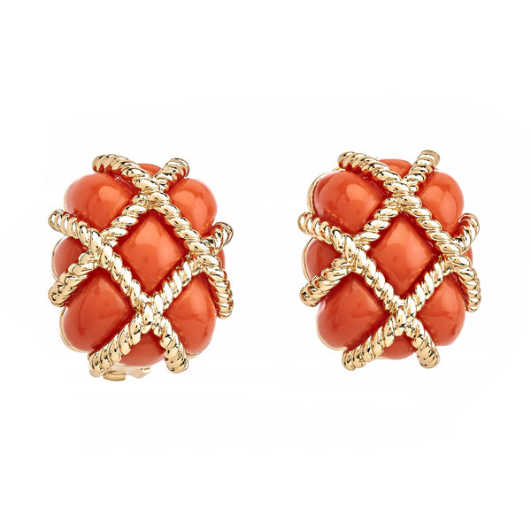 kenneth jay lane Gold Trim Coral Quilted Clip Earrings
