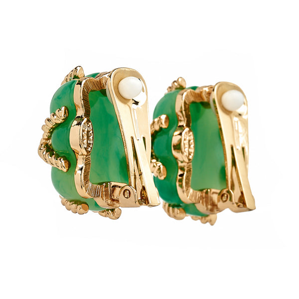 Kenneth Jay Lane Gold Trim Jade Quilted Clip Earrings
