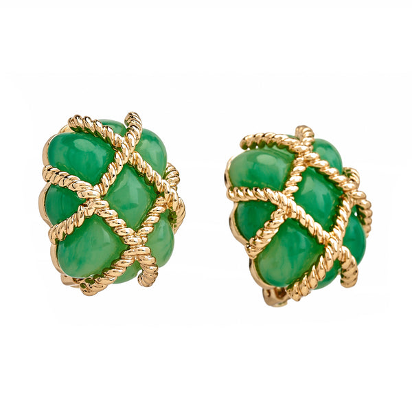 kenneth jay lane Gold Trim Jade Quilted Clip Earrings