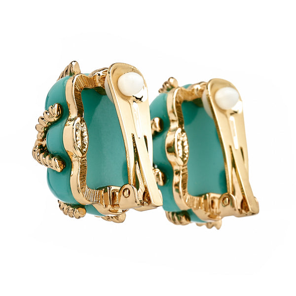 Kenneth Jay Lane Gold Trim Turquoise Quilted Clip Earrings