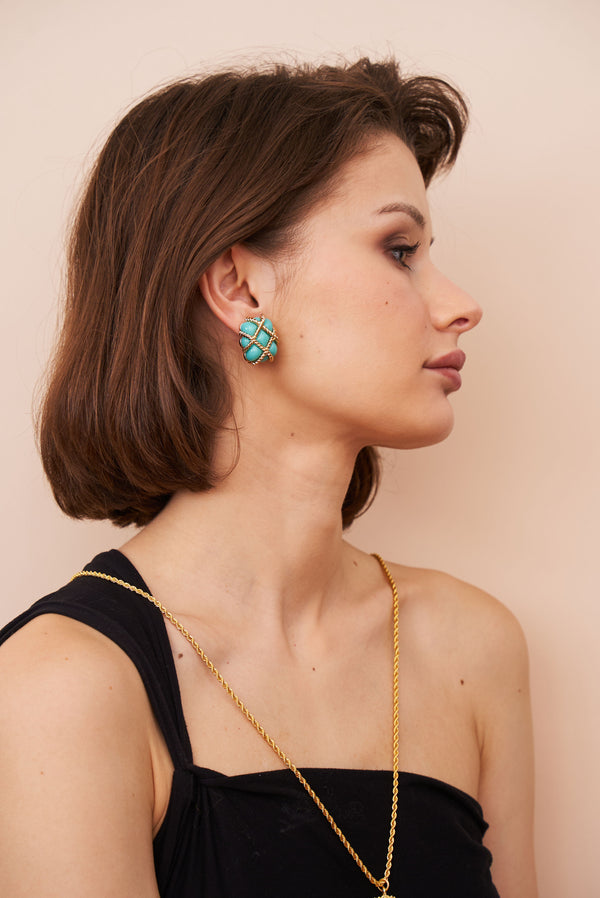 Kenneth Jay Lane Gold Trim Turquoise Quilted Clip Earrings