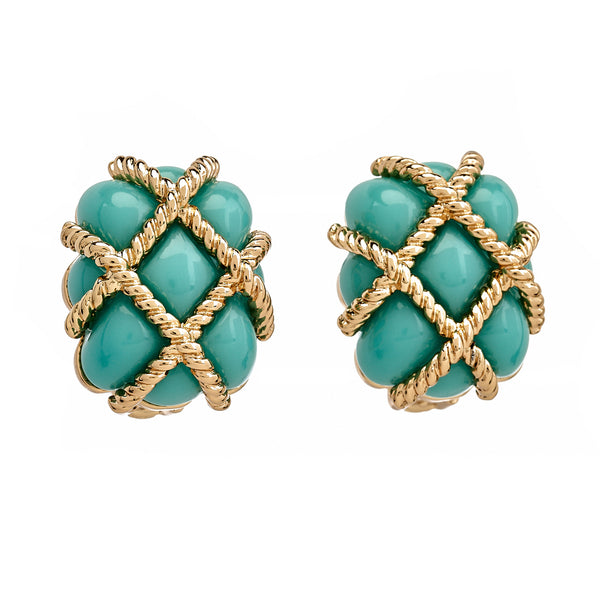 kenneth jay lane Gold Trim Turquoise Quilted Clip Earrings