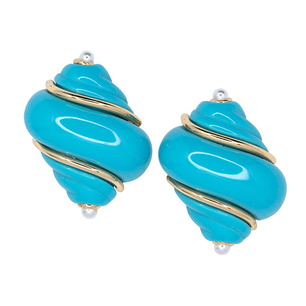 kenneth jay lane Gold Turquoise & Pearl Tip Shell Clip Earrings