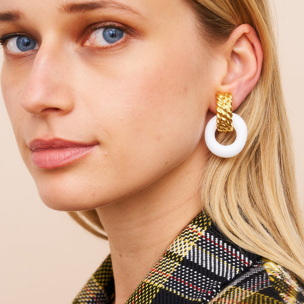 Kenneth Jay Lane Gold & White Doorknocker Clip Earrings