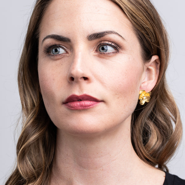 Kenneth Jay Lane Gold With Crystals Flower Pierced Earrings