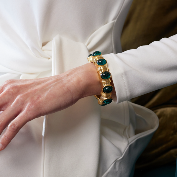Kenneth Jay Lane Gold With Flawed Emerald Hinged Bracelet