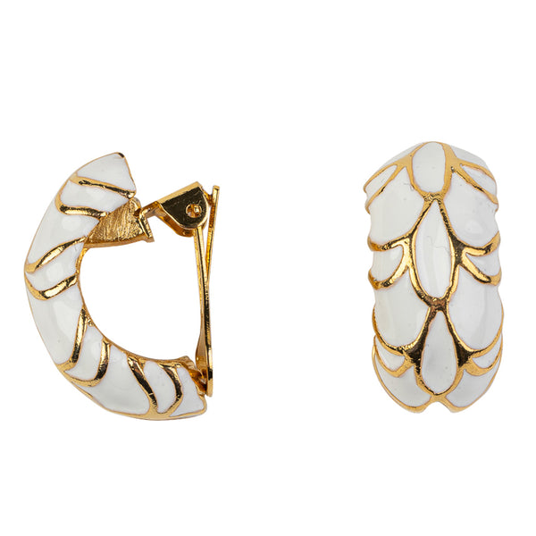 Kenneth Jay Lane Gold With White Enamel Small Hoop Clip Earring