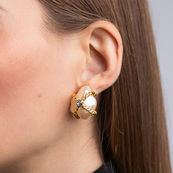 kenneth jay lane Gold with White Pearl and Crystal Center "X" Nugget Clip Earrings